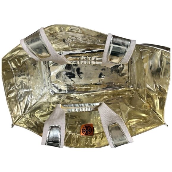 Tory Burch Vinyl Canvas Metallic Shiny Gold Large Tote Bag 16 x 11 x 7" - Picture 3 of 15